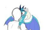  2016 amber_eyes anon anthro blue_body blue_scales blush clothing colored_sketch digital_drawing_(artwork) digital_media_(artwork) dragon duo female friendship_is_magic frikdikulous hasbro hi_res horn human human_on_anthro interspecies kissing male male/female mammal my_little_pony princess_ember_(mlp) scales scalie scratches shirt simple_background sketch surprise_kiss topwear white_background wings 