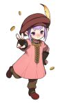  &gt;:) 1girl bangs beret brown_gloves brown_headwear brown_pants chinese_commentary coin commentary_request dress elbow_gloves final_fantasy final_fantasy_xiv fingerless_gloves full_body gloves hand_on_hip hat hat_feather highres lalafell looking_at_viewer outstretched_arm pants pink_dress pointy_ears purple_eyes purple_hair red_footwear shoes short_hair simple_background solo standing standing_on_one_leg tataru_taru v v-shaped_eyebrows white_background wuliu_heihuo 