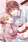  1boy 1girl ahoge animal bangs beads blue_hakama blueberry bow brown_eyes brown_hair brown_sash cake cream earrings flower flower_earrings food fruit hair_beads hair_between_eyes hair_ornament hakama hand_on_another&#039;s_shoulder heart heart_of_string holding holding_food holding_knife japanese_clothes jewelry kimono knife light_brown_hair looking_at_another looking_at_food medium_hair natsumoto_(pixiv895938) obi open_mouth original pink_bow pink_kimono plate ponytail red_flower red_rose red_sash red_scrunchie ribbon rose sash scrunchie short_hair smile strawberry string tan_background tape teeth white_ribbon yukata 