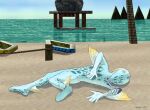  1boy beach boat family_guy_death_pose_(meme) fins game_screenshot highres lying meme mikau on_side procreate_(medium) skelinor the_legend_of_zelda the_legend_of_zelda:_ocarina_of_time watercraft zora 