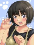  1girl amagami bangs bare_shoulders black_hair black_shirt blue_background blue_overalls blush breasts claw_pose close-up collarbone commentary embarrassed hair_between_eyes hair_strand hands_up highres jishaku_(user_rcuz2843) looking_at_viewer medium_breasts nanasaki_ai open_mouth overalls paw_print purple_eyes shirt short_hair sleeveless sleeveless_shirt solo sweatdrop teeth yellow_overalls 
