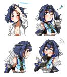  1girl angry black_gloves black_sleeves black_tank_top blue_bow blue_eyes blue_gemstone blue_hair blush bow bow_earrings breasts chain_headband clothing_cutout collared_shirt cropped_torso ddolbang detached_sleeves earrings eighth_note english_text flying_sweatdrops from_side gem gloves hair_intakes hand_on_own_head hand_up heart-shaped_gem highres hololive hololive_english index_finger_raised jewelry large_breasts long_sleeves looking_ahead looking_at_viewer looking_to_the_side messy_hair multiple_views musical_note naked_shirt nervous nervous_smile no_bra one_eye_closed ouro_kronii shirt short_hair sideways_mouth simple_background sleeveless sleeveless_shirt smile sweatdrop tank_top underboob underboob_cutout v-shaped_eyebrows veil virtual_youtuber waking_up whistling white_background white_shirt white_veil 