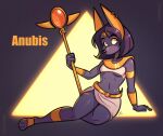  3_toes anubian_jackal anubis arm_support black_hair black_nose bottomwear breasts canid canine canis clothed clothing deity digitigrade egyptian_mythology feet female fingers hair hi_res holding_object holding_staff jackal mammal middle_eastern_mythology midriff mythology navel orange_text pose psicoyote skirt staff text toes topwear under_boob 