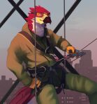  accipitrid accipitriform anthro avian beak bird buteo chickenhawk city cityscape clothed clothing eyewear feathers gloves goggles goggles_on_face handwear hi_res jumpsuit kamaro male red-tailed_hawk rope shouler_shurka sky smile solo tail_feathers visor 