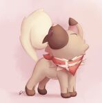  ambiguous_gender brown_body brown_fur cluelessdanny danish_flag eyes_closed feral fur generation_7_pokemon hi_res howl nintendo open_mouth pokemon pokemon_(species) rockruff scarf solo video_games 