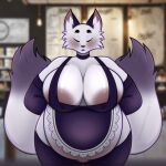  anthro belly big_belly big_breasts breasts canid canine clothing english_text eyes_closed female fox gloves handwear hi_res huge_breasts legwear letterbox maid_uniform mammal pregnant solo text thigh_highs uniform wellbredkitsune 