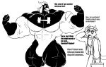  abs absurd_res anthro big_muscles bottomwear bovid bulge caprine clothing dialogue dumbbell duo english_text flexing frustrated gabriel_(parttimeyeen) goat hi_res horn huge_muscles jacket larger_male male mammal monochrome muscular muscular_anthro muscular_male muscular_thighs pants parttimeyeen_(artist) profanity simple_background size_difference smaller_male smile superhero superhero_costume text thick_thighs toolbox topwear torn_clothing weights 