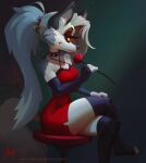  anthro bottomwear breasts camel_toe canid canid_demon clothed clothing collar demon ear_piercing ear_ring eyebrow_piercing facial_piercing female fluffy fluffy_tail fur grey_hair hair hellhound helluva_boss looking_at_viewer loona_(helluva_boss) mammal markuserdtart piercing red_sclera ring_piercing shorts solo spiked_collar spikes spread_legs spreading topwear under_boob white_body white_fur 
