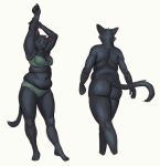  belly black_body black_fur bra butt cettus chubby_female clothing domestic_cat eyes_closed felid feline felis female fur mammal nude panties rear_view sarka_svobodova simple_background slightly_chubby solo standing stretching underwear walking white_background 