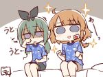  2022_fifa_world_cup 2girls :d ahoge artist_name assault_lily bags_under_eyes bed black_bow black_shorts blue_eyes blue_shirt blush bow braid braided_ponytail brown_background brown_shorts chibi clenched_hands commentary facial_mark feet_out_of_frame futagawa_fumi gochisousama_(tanin050) green_hair hair_bow hand_on_lap hand_up hands_up japanese_flag jersey jitome long_hair looking_at_viewer low_ponytail low_twintails motion_lines multiple_girls on_bed orange_hair parted_lips purple_eyes raised_eyebrows rubbing_eyes shaded_face shirt short_sleeves shorts single_braid sitting sleepy smile soccer_uniform solid_circle_eyes sparkle sportswear translated twintails two-tone_background white_background world_cup yamanashi_hibari 