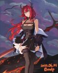  arknights bangs bird black_dress bowlp breasts cleavage cloud cloudy_sky detached_collar dress hair_between_eyes highres holding holding_sword holding_weapon horns jacket long_hair looking_at_viewer open_clothes open_jacket open_mouth purple_eyes red_hair sky standing surtr_(arknights) sword teeth thighhighs upper_teeth volcano weapon 