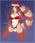  2022 5_fingers ailurid anthro balls bikini blue_eyes blush bodily_fluids breasts brown_body brown_fur chest_tuft christmas christmas_clothing christmas_headwear clothed clothing countershade_torso countershading cum cumshot ejaculation erection feet fingers fur genital_fluids genitals green_eyes gynomorph hair hands-free hat headgear headwear heterochromia hi_res holidays humanoid_genitalia humanoid_penis ineffective_clothing intersex kitsunewaffles-chan kneeling layla_(ohheklenu) long_hair mammal markings midriff multicolored_body multicolored_fur multicolored_hair partially_clothed penis presenting presenting_penis red_body red_fur red_panda santa_hat smile solo spontaneous_ejaculation spots spotted_markings swimwear tuft white_body white_fur 