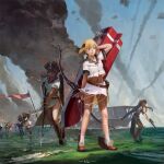  6+girls absurdres american_flag blonde_hair bow_(weapon) braid brown_hair character_request chinese_commentary commentary_request crossbow enterprise_(pacific) flight_deck gun hair_ribbon hat highres hornet_(pacific) jeanex midriff multiple_girls musket navel pacific red_eyes ribbon short_hair short_sleeves smoke socks striped striped_thighhighs thighhighs tricorne twin_braids weapon white_socks yorktown_(pacific) 