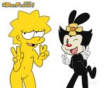  animaniacs child dot_warner double_v_sign duo female flower gesture hi_res human inkblot lisa_simpson mammal nipples nude one_eye_closed open_mouth plant simple_background the_simpsons v_sign warner_brothers white_background yellow_body young 