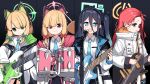  4girls :d absurdly_long_hair animal_ears aris_(blue_archive) bangs bass_guitar black_hair blue_archive blue_eyes blunt_bangs cat_ear_headphones cat_ears collared_shirt commentary_request drum electric_guitar fake_animal_ears forehead green_eyes guitar hair_between_eyes hair_ornament hair_ribbon hairband halo headphones highres holding holding_instrument hood hooded_coat hooded_jacket instrument jacket lettu light_brown_hair long_hair long_sleeves looking_at_viewer microphone microphone_stand midori_(blue_archive) momoi_(blue_archive) multiple_girls music necktie one_side_up parted_bangs playing_instrument purple_eyes red_eyes red_hair ribbon school_uniform shirt short_hair sidelocks simple_background singing smile sweatdrop tress_ribbon turtleneck very_long_hair yuzu_(blue_archive) 