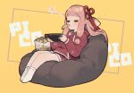  1girl =_= bangs bean_bag_chair blush chips_(food) closed_eyes commentary_request controller food full_body game_controller hair_ribbon highres holding holding_controller holding_game_controller hood hoodie joy-con kotonoha_akane long_hair long_sleeves muji_body_fitting_sofa nintendo_switch no_shoes open_mouth orange_background pink_hair potato_chips red_hoodie red_ribbon red_shorts ribbon shirinda_fureiru shorts sidelocks simple_background sitting socks solo sound_effects voiceroid white_socks 