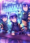  3girls absurdres apex_legends bangs black_gloves black_hair blue_hair bodysuit bottle breasts clone colored_tips cosplay cup drinking_glass fingerless_gloves glasses gloves hair_behind_ear hair_between_eyes highres holding holding_cup ichinose_uruha kiiro_(cocoa080) long_hair looking_at_viewer lupinus_virtual_games mirage_(apex_legends) mirage_(apex_legends)_(cosplay) multicolored_hair multiple_girls parted_lips purple_eyes small_breasts smile star_(symbol) virtual_youtuber vspo! wine_glass yellow_bodysuit 