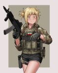  1girl absurdres alternate_costume ammunition_pouch angled_foregrip assault_rifle bangs belt black_gloves black_pants blonde_hair blunt_bangs body_armor boku_no_hero_academia border camouflage camouflage_jacket cropped_legs denim denim_shorts double_bun eotech foregrip glock gloves grey_background gun hair_bun handgun highres holding holding_weapon holster holstered_weapon jacket kalashnikov_rifle kotwica_(symbol) load_bearing_vest looking_to_the_side mardjan medium_hair messy_hair military military_operator military_uniform open_collar optical_sight outside_border pants plate_carrier polish_army polish_flag pouch rifle short_shorts shorts sleeves_rolled_up smile smug solo tactical_clothes thigh_holster thigh_strap toga_himiko trigger_discipline two-tone_background uniform utility_belt vest weapon white_border wz.96_beryl yellow_eyes zettai_ryouiki zipper 