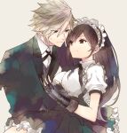  1boy 1girl bangs black_hair black_skirt blonde_hair blue_eyes breasts brown_eyes butler claw_(weapon) closed_mouth cloud_strife earrings final_fantasy final_fantasy_vii final_fantasy_vii_remake fingerless_gloves formal frills gloves jewelry large_breasts long_hair long_sleeves looking_at_another lowres maid maid_headdress mono0805 necktie puffy_short_sleeves puffy_sleeves shirt short_sleeves simple_background skirt smile spiked_hair suit tifa_lockhart upper_body weapon 