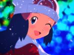  1girl ;d beanie blue_eyes blue_hair blurry blurry_background blush coat commentary_request dawn_(pokemon) eyelashes hair_ornament hairclip hat highres long_hair looking_at_viewer one_eye_closed open_mouth pokemon pokemon_(anime) pokemon_dppt_(anime) portrait red_coat scarf smile snowing solo tekken_papiyon tongue white_headwear white_scarf winter_clothes 