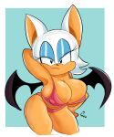  2022 anthro big_breasts bikini bikini_top breasts chiropteran cleavage clothed clothing eyeshadow female hand_behind_head hi_res makeup mammal narrowed_eyes nipple_outline onuscore orange_body pinup portrait pose rouge_the_bat sega solo sonic_the_hedgehog_(series) swimwear three-quarter_portrait 