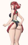  1girl adjusting_clothes adjusting_swimsuit ass bangs black_one-piece_swimsuit breasts competition_swimsuit earrings from_behind highres jewelry large_breasts looking_at_viewer one-piece_swimsuit ozkh pyra_(pro_swimmer)_(xenoblade) pyra_(xenoblade) red_eyes red_hair red_one-piece_swimsuit short_hair solo standing swimsuit tiara xenoblade_chronicles_(series) xenoblade_chronicles_2 