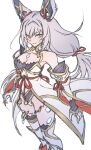  1girl animal_ears bangs bare_shoulders black_leotard breasts cleavage closed_mouth detached_sleeves gloves grey_hair hair_between_eyes highres leotard long_hair looking_at_viewer nia_(blade)_(xenoblade) nia_(xenoblade) simple_background small_breasts smile solo thighhighs ug333333 very_long_hair white_background white_gloves white_sleeves white_thighhighs xenoblade_chronicles_(series) xenoblade_chronicles_2 yellow_eyes 