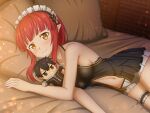  1girl absurdres bangs bare_arms bare_shoulders bed_sheet blunt_bangs blush breasts brick_wall brown_eyes closed_mouth eyebrows_hidden_by_hair halterneck highres kirito_(sao-alo) long_hair lying maid_headdress medium_breasts micro_shorts midriff mysteryctu navel on_side pillow pointy_ears rain_(sao) red_hair shorts sideboob smile solo stomach sword_art_online thigh_strap white_shorts 