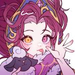  1girl :p animal bangs bonglae cape fur-trimmed_cape fur_trim hair_ornament hand_up heterochromia league_of_legends orange_eyes pink_eyes red_hair sheep simple_background smile solo tongue tongue_out white_background winterblessed_zoe zoe_(league_of_legends) 
