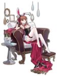  atarashi_ako black_leotard brown_eyes brown_hair couch footstool frills hair_ornament high_heels highres leaning_back leotard looking_at_viewer mahjong_soul official_alternate_costume official_art on_couch pantyhose rabbit_hair_ornament rabbit_tail saki saki_achiga-hen tail 