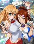  2girls :d ;t arm_up bachou_mouki bangs blonde_hair blue_scrunchie breast_press breasts brown_hair cleavage closed_mouth collared_shirt detached_collar dress_shirt earrings fang floating_hair grey_pants hair_ornament hair_scrunchie hairclip holding holding_microphone idol ikkitousen jewelry large_breasts long_hair magatama magatama_earrings microphone midriff multiple_girls navel open_mouth pants pleated_skirt ponytail red_skirt scrunchie shiny shiny_hair shirt skirt sleeveless sleeveless_shirt smile sonsaku_hakufu stage standing stomach straight_hair strapless swept_bangs v white_shirt wing_collar 