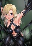  1girl armpits arms_up bangs black_bodysuit blonde_hair blue_eyes bodysuit breasts collarbone highres hornet_(kancolle) kantai_collection large_breasts living_clothes long_hair navel open_mouth parasite parazan_d parted_bangs restrained skin_tight solo 