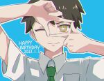  1boy bangs breast_pocket brown_hair collared_shirt danganronpa_(series) danganronpa_2:_goodbye_despair dated green_background green_necktie ha_kuishibare hands_up happy_birthday highres hinata_hajime male_focus necktie one_eye_closed outline pocket portrait shiny shiny_hair shirt short_sleeves simple_background smile solo tagme white_outline 