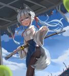  1girl absurdres ahoge animal_ear_fluff animal_ears artist_name bangs black_pantyhose blue_sky blunt_bangs cloud cloudy_sky dated day fang feet_out_of_frame fox_ears fox_girl fox_tail grey_eyes grey_hair hair_over_shoulder hair_ribbon hand_up highres hinbackc katana looking_at_viewer open_mouth original outdoors pantyhose ponytail red_ribbon ribbon scenery sheath sheathed shirt sidelocks signature sky slime_(creature) solo sword tail weapon white_shirt wide_sleeves 
