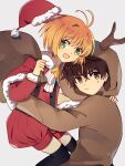  1boy 1girl animal_costume brown_eyes brown_hair cardcaptor_sakura christmas closed_mouth green_eyes hat highres killua_gon kinomoto_sakura li_xiaolang open_mouth orange_hair reindeer_costume santa_hat star_(symbol) 