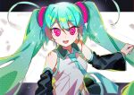  1girl aisarenakute_mo_kimi_ga_iru_(vocaloid) aqua_hair bangs bare_shoulders black_sleeves blue_necktie blurry blurry_background breasts commentary_request detached_sleeves grey_shirt hair_between_eyes hair_ornament hair_over_one_eye hair_strand hands_up hatsune_miku highres long_hair looking_at_viewer necktie open_mouth pink_eyes shadow shirt sleeveless sleeveless_shirt solo sparkle teeth tongue tsuchinoko_(tutituti0125) twintails upper_body upper_teeth very_long_hair vocaloid 