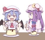  2girls absurdres ascot bangs bat_wings blue_bow blue_hair blunt_bangs bow bowtie bun_cover collared_shirt double_bun dress fang food frilled_shirt_collar frilled_sleeves frills hair_bow hair_bun hat hat_bow highres kame_(kamepan44231) long_hair long_sleeves mob_cap multiple_girls patchouli_knowledge pink_headwear pink_shirt pudding puffy_short_sleeves puffy_sleeves purple_dress purple_eyes purple_hair purple_headwear red_ascot red_bow red_bowtie red_eyes remilia_scarlet robe saliva saliva_trail shirt short_hair short_sleeves sitting skin_fang spoon striped striped_dress sweatdrop table touhou vertical-striped_dress vertical_stripes very_long_hair wide_sleeves wings wrist_cuffs 