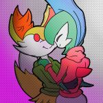  2022 anthro braixen clothing cute_fangs duo embrace eyes_closed fur gallade generation_4_pokemon generation_6_pokemon gradient_background hands_on_shoulders hoodie hug humanoid inner_ear_fluff male malegardevoir nintendo pokemon pokemon_(species) romantic romantic_couple simple_background smile topwear tuft video_games yellow_body yellow_fur 