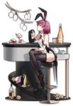  breasts cake cake_slice cup earrings flower food gloves hair_ornament highleg highres holding holding_cup ice_cream jewelry looking_at_viewer mahjong_soul medium_hair miyanaga_teru official_alternate_costume official_art pink_hair playboy_bunny rabbit_hair_ornament rabbit_tail red_hair rose saki sideways_glance sitting small_breasts tail white_flower white_rose 