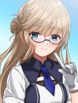  1girl artist_name bespectacled blonde_hair blue-framed_eyewear blue_dress blue_eyes blue_necktie braid breasts collared_dress dress glasses gloves hair_bun highres index_finger_raised kantai_collection light_brown_hair long_hair looking_at_viewer medium_breasts necktie pointing pointing_at_self portrait ranger_(kancolle) roko_roko_(doradorazz) semi-rimless_eyewear short_sleeves side_braids single_side_bun smile solo two-tone_dress under-rim_eyewear upper_body white_dress white_gloves 