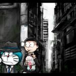  1:1 2017 anthro belt black_hair blue_body blue_fur blue_necktie bottomwear building clothed clothing domestic_cat doraemon doraemon_(character) duo eating eating_food eyewear felid feline felis food front_view fur glasses hair hat headgear headwear holding_food holding_object machine male mammal mouth_closed mt_tg necktie nobita_nobi noodles outside pants red_necktie red_nose robot shaded sky standing suit suit_and_tie whiskers 