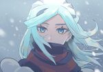  1boy aqua_eyes aqua_hair commentary elemoncake eyelashes floating_hair grusha_(pokemon) highres long_hair looking_at_viewer male_focus outdoors pokemon pokemon_(game) pokemon_sv portrait scarf scarf_over_mouth snowing solo striped striped_scarf 