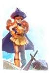  1girl alena_(dq4) belt border bow_(bhp) brown_eyes cape closed_mouth curly_hair dragon_quest dragon_quest_iv dress earrings feet_out_of_frame gloves hand_on_hip hand_up hat highres jewelry looking_at_viewer orange_footwear orange_gloves orange_hair pantyhose planted planted_sword purple_cape purple_headwear short_dress slime_(dragon_quest) smile solo sword weapon white_border yellow_dress 