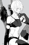  1girl absurdres bare_shoulders black_gloves black_shirt black_shorts black_thighhighs breasts collarbone cowboy_shot crop_top elbow_gloves gloves grey_background greyscale hair_over_one_eye hand_on_own_face highres looking_at_viewer medium_breasts midriff monochrome nier_(series) nier_automata nishiii26miii shirt short_hair short_shorts shorts sitting solo thighhighs weapon weapon_on_back yorha_type_a_no._2 