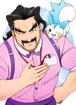  1boy arm_hair black_hair buttons collared_shirt commentary doyamatsu facial_hair fingernails hand_on_hip hand_on_own_chest lanyard looking_at_viewer male_focus mustache on_shoulder one_eye_closed pachirisu pants pink_shirt pokemon pokemon_(creature) pokemon_(game) pokemon_on_shoulder pokemon_sv purple_pants red_eyes saguaro_(pokemon) shirt smile suspenders 