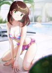  1girl afloat arakan bangs bare_arms bare_shoulders bikini blunt_bangs blurry blurry_background breasts brown_hair chair cleavage commentary_request day depth_of_field frilled_bikini frills green_eyes hands_on_floor head_tilt highres kneeling kotatsu-neko lounge_chair medium_breasts medium_hair miyake_shinobu multicolored_bikini multicolored_clothes outdoors palm_tree pipe_in_mouth plant pool potted_plant ripples shiny shiny_hair smile smoking_pipe solo sunlight swimsuit tree urusei_yatsura water 