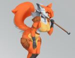  anthro axe big_tail black_body black_fur canid canine chain cheek_tuft clothed clothing covered_breasts eye_scar facial_scar facial_tuft female fluffy fluffy_ears fluffy_tail fox fur green_eyes hair head_tuft hi_res light_armor mammal melee_weapon orange_body orange_fur painting_(artwork) scar solo straps traditional_media_(artwork) tuft undercover_bluejay weapon white_body white_fur 