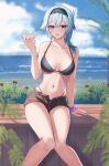  1girl :d alternate_costume arm_support bare_arms bare_legs bare_shoulders bikini black_bikini black_hairband black_shorts blue_hair blue_sky breasts brown_eyes cloud commentary cup cupping_glass day dealesis drinking_straw eula_(genshin_impact) feet_out_of_frame genshin_impact hairband hand_up highres holding holding_cup knees_together_feet_apart large_breasts long_hair looking_at_viewer navel open_fly outdoors purple_scrunchie scrunchie short_shorts short_sleeves shorts sitting sky smile solo stomach swimsuit thighs wrist_scrunchie 