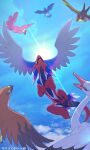  above_clouds bird black_eyes bombirdier cloud commentary_request corviknight dated day flamigo flying kilowattrel koraidon no_humans open_mouth outdoors pokemon pokemon_(creature) suyu38 talonflame tongue twitter_username watermark 