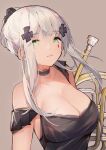  1girl 416_day absurdres artist_name bangs bare_shoulders black_choker black_shirt blunt_bangs breasts brown_background chinese_commentary choker cleavage commentary_request facial_mark french_horn girls&#039;_frontline green_eyes hair_ornament highres hk416_(girls&#039;_frontline) instrument large_breasts liu_zhao long_hair looking_at_viewer parted_lips shirt sidelocks simple_background teardrop teardrop_facial_mark teardrop_tattoo teeth white_hair 